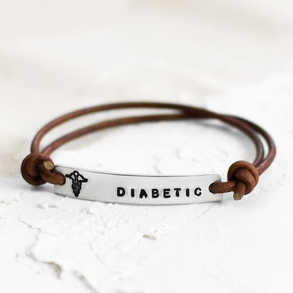 MEDICAL ID ALERT diabetes leather bracelet - hand stamped leather wrap personalized bracelet