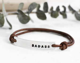 Badass Leather Bracelets for Women • Custom Word Bracelet • Word of The Year • Bar Bracelet • Inspirational Bracelet • Personalized Jewelry