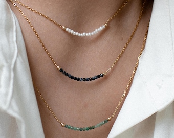 Birthstone Bar Necklace - Beaded 14k Gold and Sterling Silver Women's Necklace