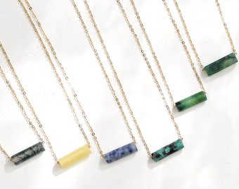 Dainty Gemstone Bar Necklace - 14k Gold, Sterling Necklace - Minimalist Stone Pendant - Jade, Green Moss, Sodalite Necklace for Women