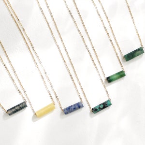 Dainty Gemstone Bar Necklace 14k Gold, Sterling Necklace Minimalist Stone Pendant Jade, Green Moss, Sodalite Necklace for Women image 1