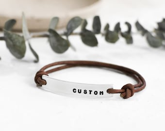 Word of The Year Custom Engraved Leather Bracelets • Personalized Engraved Word Bracelet • Word of The Year • Unisex Silver Bar Bracelet