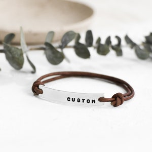 Word of The Year Custom Engraved Leather Bracelets • Personalized Engraved Word Bracelet • Word of The Year • Unisex Silver Bar Bracelet