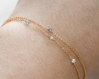 Dainty Birthstone Bracelet - Multiple Family Birthstone Bracelet - 14k Gold, Sterling - Minimalist Gemstone Chain Bracelet - Gift for Women