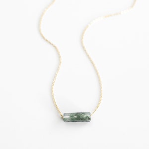 Green Moss Agate Gemstone Bar Necklace • Minimalist Gold, Silver Agate Pendant Necklace • Gemstone Necklaces for Women