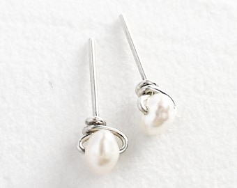 Dainty Pearl Stud Earrings: 14k Gold Filled or Sterling Silver