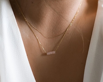 Dainty Rose Quartz Necklace: 14k Gold, Silver Beaded Gemstone Pendant for Women