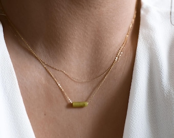 Korean Olive Jade Beaded Necklace: 14k Gold, Silver Minimalist Pendant Layering Necklace
