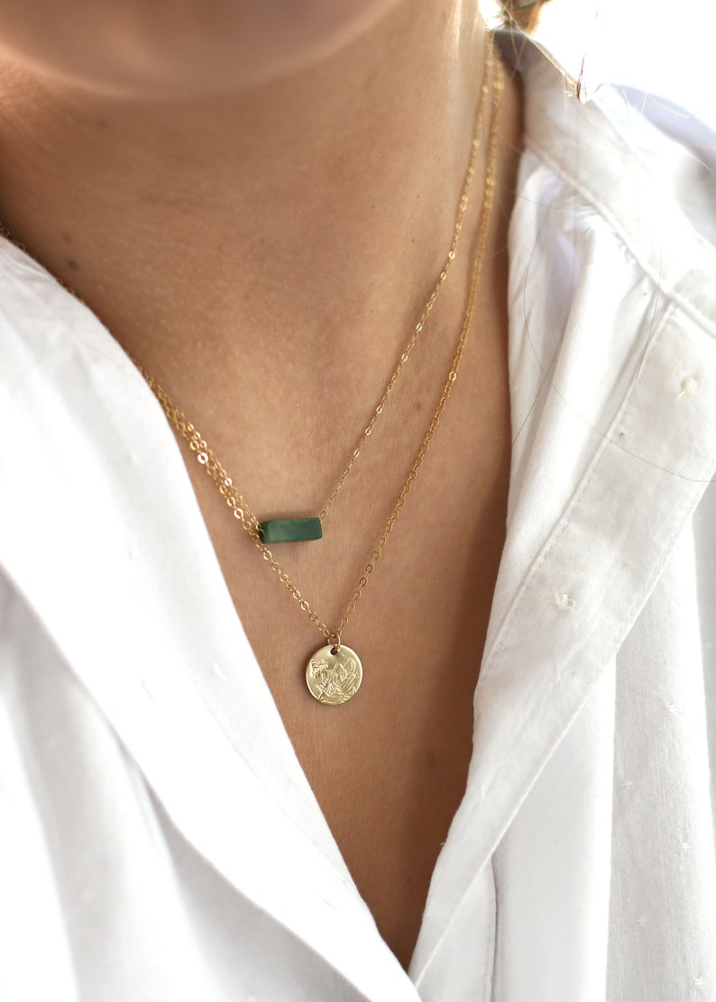 Dainty Gemstone Bar Necklace 14k Gold, Sterling Necklace Minimalist Stone Pendant Jade, Green Moss, Sodalite Necklace for Women image 4