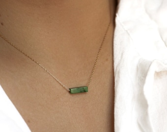 Green Jade Solid 14k Gold, Gold Filled, Sterling Bar Necklace • Dainty Gemstone Bar Necklace for Women • Delicate Minimalist Necklace