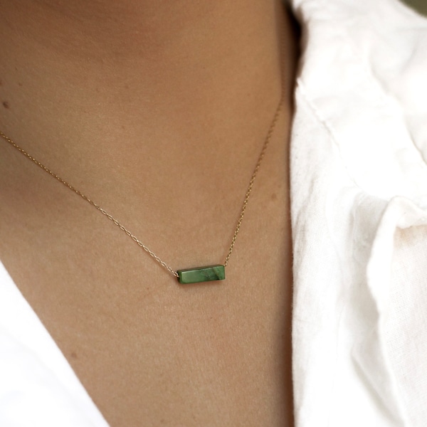 Green Jade Solid 14k Gold, Gold Filled, Sterling Bar Necklace • Dainty Gemstone Bar Necklace for Women • Delicate Minimalist Necklace
