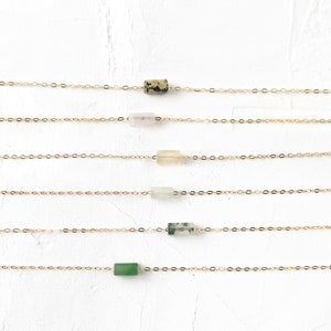 14k Solid Gold Gemstone Necklace | Minimalist Dainty Bar Pendant Necklace | Jade, Rose Quartz, Green Moss, Citrine, Turquoise, Obsidian