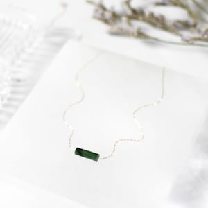 Dainty Gemstone Bar Necklace 14k Gold, Sterling Necklace Minimalist Stone Pendant Jade, Green Moss, Sodalite Necklace for Women image 3
