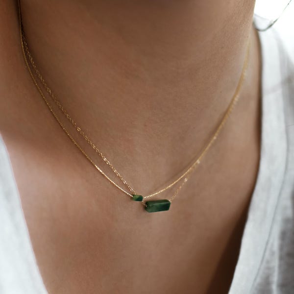 Jade 14k Gold, Silver Pendant Necklace, Dainty Gemstone Layered Necklace for Stacking