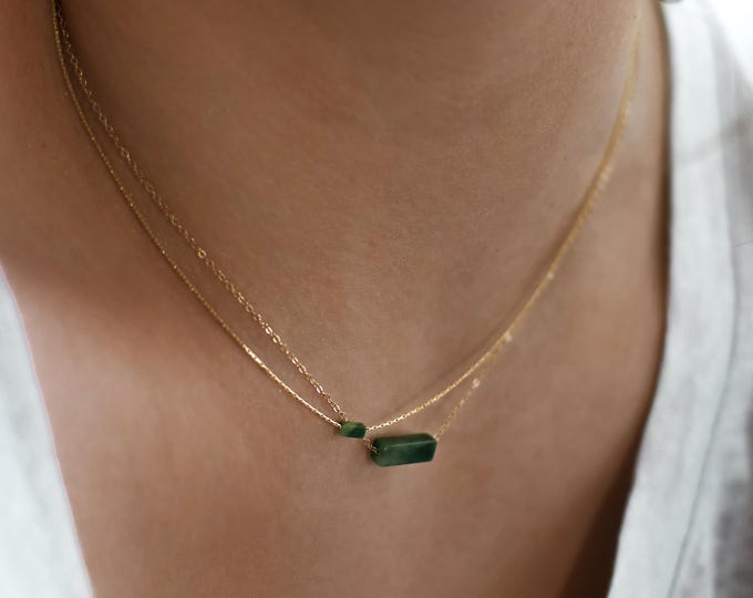 Jade 14k Gold, Silver Pendant Necklace, Dainty Gemstone Layered Necklace for Stacking