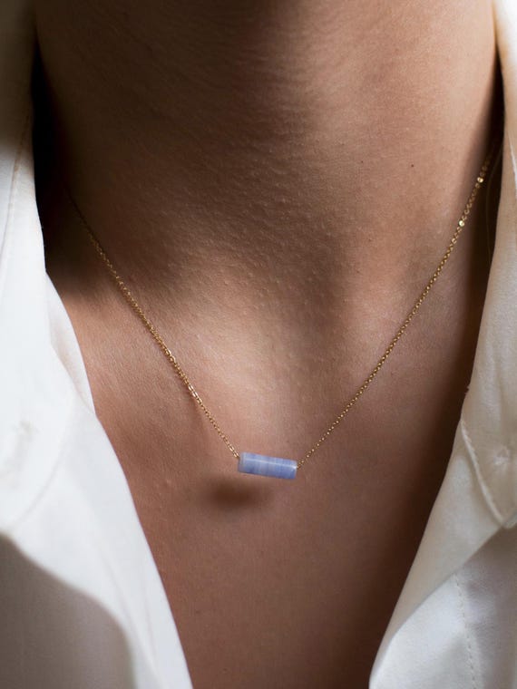 Blue Lace Agate Gemstone Necklace | Dainty Periwinkle Bead Pendant | 14k Gold, Silver Necklace