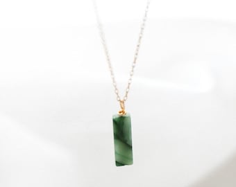 Vertical Green Jade Bar Necklace: Minimalist, Layering Pendant Necklace for Women