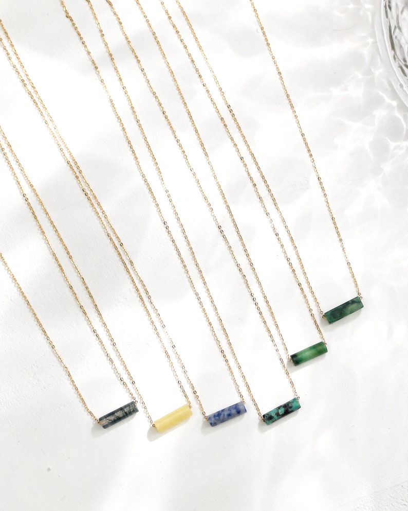 Dainty Gemstone Bar Necklace 14k Gold, Sterling Necklace Minimalist Stone Pendant Jade, Green Moss, Sodalite Necklace for Women image 1