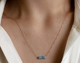 Larimar Gemstone Chain Necklace: Sterling Silver, 14k Gold Genuine Larimar Pendant for Women