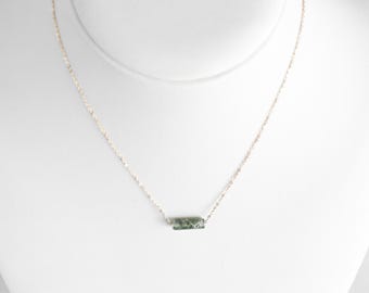 Green Moss Agate Bar Necklace: 14k Gold, Sterling Genuine Gemstone Pendant