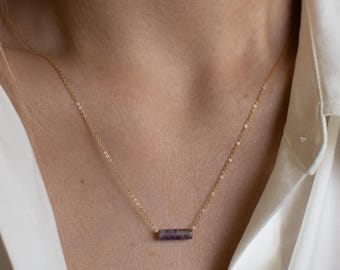 Genuine Amethyst Gemstone Necklace • Dainty February Birthstone 14k Gold, Silver Necklace for Women