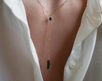 Jade Lariat Pendant Necklace | 14k Gold, Silver Minimalist Gemstone Y Necklace