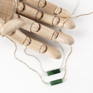 Minimalist, Dainty Green Jade Bar Necklace: 14k Gold, Sterling Silver Layering Pendant Necklace