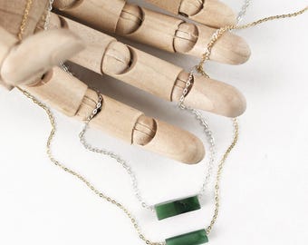 Minimalist, Dainty Green Jade Bar Necklace: 14k Gold, Sterling Silver Layering Pendant Necklace