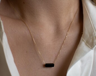 Black Obsidian Bar Necklace: Minimalist Beaded Genuine Gemstone Pendant, 14k Gold or Sterling Silver