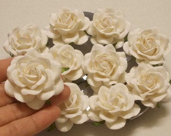 10 White Mulberry Paper Roses, 2" Craft Flowers