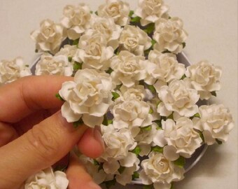 Könnte beinhalten: Ein Strauß kleiner, weißer Papierblumen mit grünen Stielen. Die Blumen sind in einem Kreis angeordnet und werden von einer Hand gehalten.