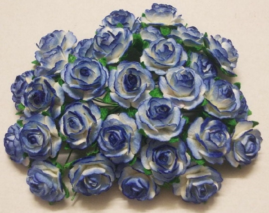 30 Royal Blue Edge Mulberry Paper Roses: Mini Craft Flowers (0.65