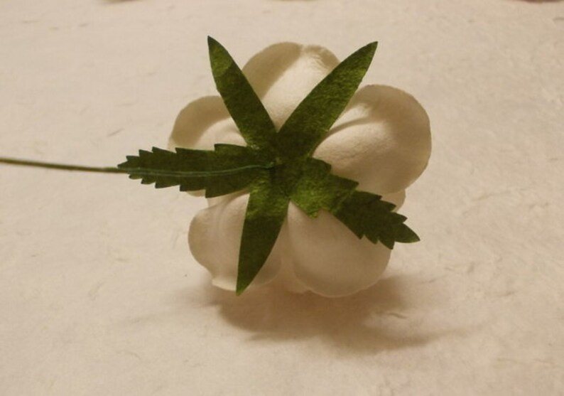 May include: A white paper flower with a green leaf design. The flower is made of paper and has a delicate, feminine look.