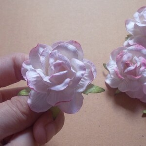 May include: A close-up of a delicate, white paper rose with pink edges. The rose has a layered, ruffled appearance and is accented with green leaves.