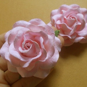 May include: Two pink paper roses with ruffled petals. The roses are arranged in a hand, with the larger rose in the foreground and the smaller rose in the background.
