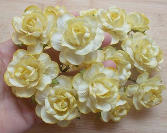 10 Paper Flowers (Size 2") Mulberry Paper Craft flower, Paper flower craft wedding, Wedding, Bouquets, Cream pale yellow Paper Roses.