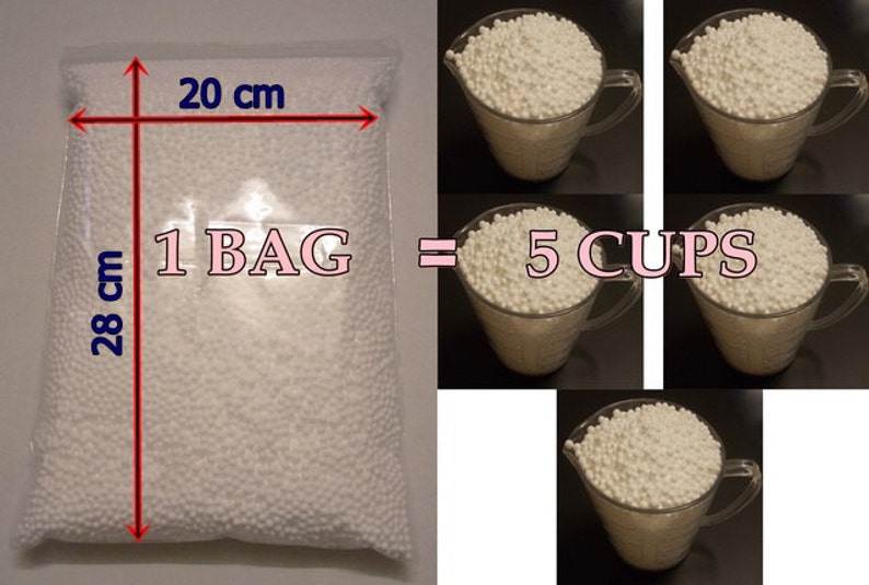 May include: A clear plastic bag filled with white polystyrene packing peanuts. The bag measures 20 inches wide and 28 inches tall. The text "1 BAG = 5 CUPS" is printed on the bag.