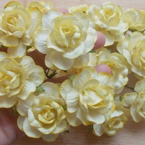 10 枚の紙の花 (サイズ 2 インチ) マルベリー ペーパー クラフト フラワー、ペーパー フラワー クラフト ウェディング、ウェディング、ブーケ、クリーム色の淡い黄色の紙のバラ。