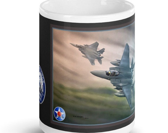 White glossy mug, 15oz.- F-15E Strike Eagles, "Dawn over Eastern Europe"