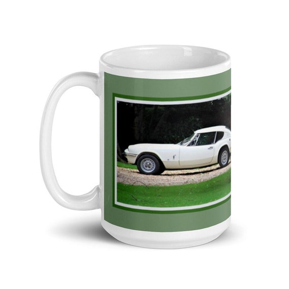 White Triumph GT-6 Mk3 on a White & Green Glossy Mug,