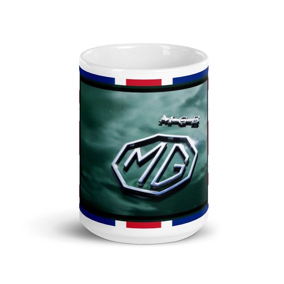 MGB Deck Lid Emblem on Union Jack, White glossy mug