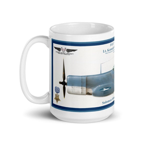 F4U "Corsair", ( Lt. Kenneth Walsh, MOH ) U.S.M.C, 1943 on a White Glossy Mug,