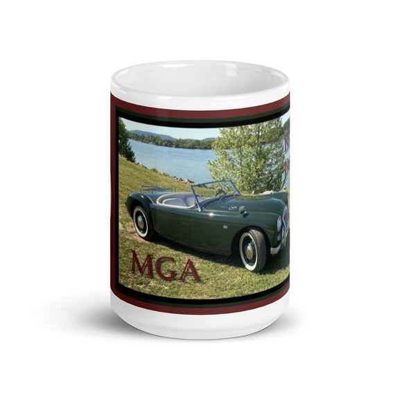 GREEN MGA 1/4 VIEW.  White glossy mug