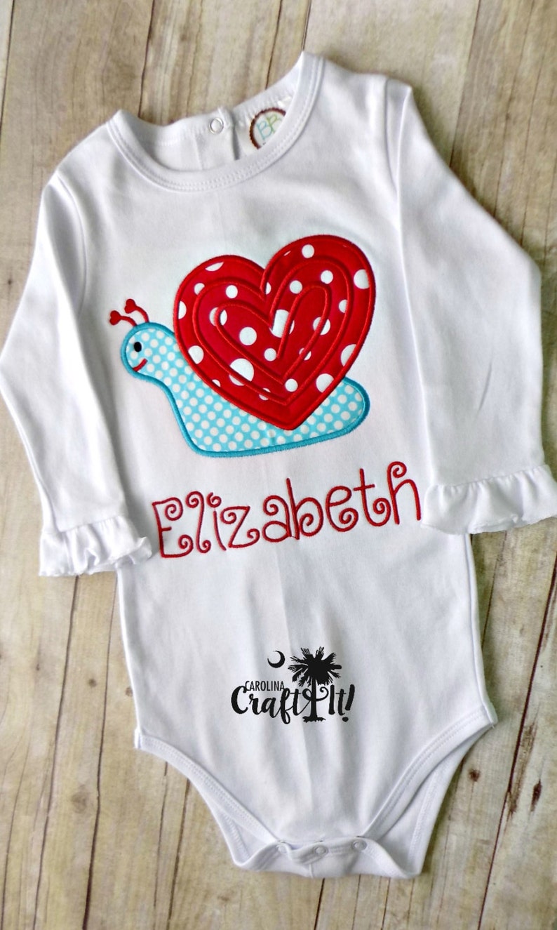 Embroidered Babies Valentines Day shirt Toddlers Valentines Day Shirt,Snail Heart,Personalized Valenitnes Day Shirt for Girls Appliqued