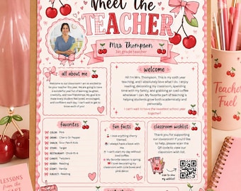 Cherry Coquette Meet the Teacher Template | Editable Canva, Back to School Printable