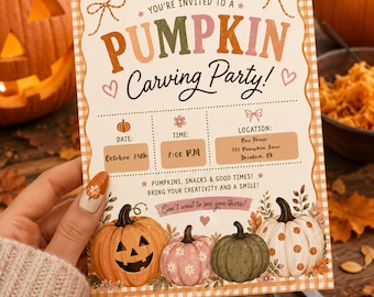 Editable Pumpkin Carving Party Invitation | Fall Halloween Canva Template (Digital Invitation)