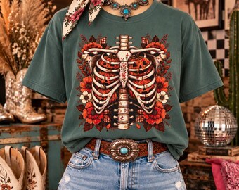 Floral Ribcage T-shirt | Anatomical Skeleton Chest with Flowers