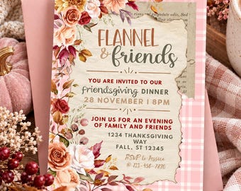 Flannel & Friends Friendsgiving Invitation | Vintage Floral, Pink Gingham (Digital Download)