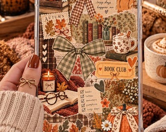 Autumn Kindle Insert, Cozy Bookish Decor, Plaid Bow, Leaves, Pumpkins (Digital Download)