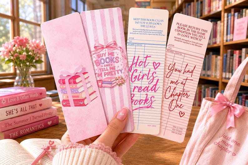 Printable Bookmarks | Coquette Pink Library Card Designs (Digital Download) image 1